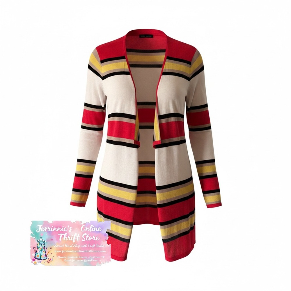 Willi Smith Womens Large Striped Open Front Cardigan Red Yellow Black White Knit